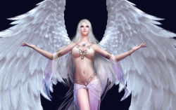 Rule 34 | 1girl, 3d, angel, angel wings, bare shoulders, bikini, blonde hair, blue background, breasts, cleavage, cowboy shot, crop top, dark background, expressionless, feathered wings, forsaken world, highres, jewelry, lips, long hair, looking at viewer, looking up, lots of jewelry, navel, necklace, outstretched arms, pale skin, parted lips, see-through, shiny skin, sillia, simple background, solo, spread arms, swimsuit, underboob, very long hair, white hair, wings, znz