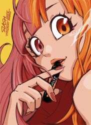 Rule 34 | 1girl, absurdres, blunt bangs, close-up, commentary request, electronic cigarette, eyebrows hidden by hair, fingernails, highres, liedein, long fingernails, orange eyes, orange hair, portrait, red nails, slash vape, solo, vaping