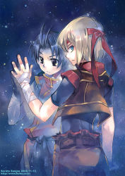 Rule 34 | 2boys, antenna hair, arm at side, bandaged arm, bandages, belt, blonde hair, blue eyes, brown shorts, brown vest, cropped vest, from behind, gensou suikoden, gensou suikoden i, gensou suikoden ii, gensou suikoden iv, headband, lazlo (gensou suikoden), looking at viewer, looking back, male focus, multiple boys, night, night sky, open clothes, open vest, parted lips, profile, purple eyes, red ribbon, ribbon, sanjou sorata, sash, short hair, short sleeves, shorts, sky, star (sky), starry sky, tabard, tir mcdohl, vest