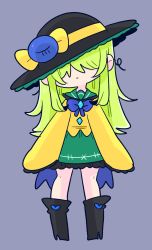 Rule 34 | 1girl, black footwear, black hat, blouse, boots, bow, buttons, covered eyes, diamond button, eyeball, frilled shirt collar, frilled skirt, frilled sleeves, frills, green hair, green skirt, grey background, hat, hat bow, highres, komeiji koishi, light green hair, long hair, long sleeves, op na yarou, shirt, simple background, skirt, solo, third eye, touhou, wide sleeves, yellow bow, yellow shirt