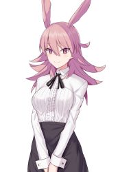 Rule 34 | 1girl, black neckwear, black skirt, blush, breasts, elfenlied22, fate/grand order, fate (series), head wings, high-waist skirt, highres, hildr (fate), large breasts, light blush, long hair, long sleeves, meme attire, pink eyes, pink hair, shirt, skirt, smile, solo, valkyrie (fate), virgin killer outfit, white shirt, wings