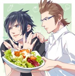 Rule 34 | 2boys, artist name, black hair, black shirt, blue eyes, bowl, brown eyes, brown hair, collared shirt, final fantasy, final fantasy xv, food, glasses, green background, hair between eyes, hand on another&#039;s shoulder, hands up, hinoe (dd works), holding, holding bowl, ignis scientia, lettuce, looking at another, looking to the side, male focus, multiple boys, noctis lucis caelum, salad, salad bowl, shirt, short hair, short sleeves, sideburns, sweatdrop, upper body, vegetable, white shirt