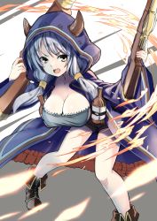 Rule 34 | 10s, 1girl, absurdres, blue hair, bottle, breasts, cleavage, draph, fang, fire, gene (gear gene), granblue fantasy, gun, highres, hood, horns, kumuyu, large breasts, leaning forward, long hair, looking at viewer, open mouth, rifle, silver hair, solo, standing, weapon, yellow eyes