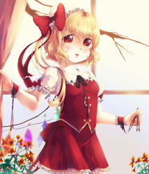 Rule 34 | 1girl, adapted costume, ascot, bad id, bad pixiv id, blonde hair, blush, breasts, crystal, fangs, fingernails, flandre scarlet, hat, hat ribbon, highres, lips, long fingernails, nail polish, niwatori (kipje), open mouth, puffy short sleeves, puffy sleeves, red eyes, ribbon, short hair, short sleeves, side ponytail, small breasts, smile, solo, touhou, vest, window, wings, wrist cuffs