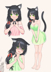 Rule 34 | 1girl, animal ears, bare arms, black choker, black hair, blush, breasts, cat ears, cat girl, cat tail, choker, cleavage, collarbone, cropped torso, dress, full body, green dress, green eyes, hair ribbon, highres, large breasts, leaning forward, looking to the side, mao lian (nekokao), mouse (animal), multiple views, nervous, original, red ribbon, ribbon, ribbon choker, scared, shaded face, side ponytail, simple background, spaghetti strap, tail, white background