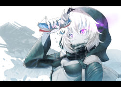 Rule 34 | 1girl, 2boys, abyssal ship, backpack, bag, bikini, black scarf, boat, breasts, crushing, falling, giant, giantess, grey jacket, grin, hair between eyes, hood, hoodie, jacket, kantai collection, kuro oolong, letterboxed, looking at another, medium breasts, monster girl, multiple boys, o-ring, o-ring bikini, purple eyes, re-class battleship, scarf, short hair, simple background, size difference, smile, striped clothes, striped scarf, swimsuit, tail, watercraft, white background, white hair