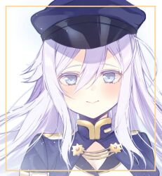 Rule 34 | 1girl, 86 -eightysix-, blue eyes, blue jacket, blush, border, closed mouth, floating hair, hair between eyes, hat, highres, jacket, long hair, looking at viewer, military, military hat, military uniform, portrait, smile, solo, uniform, usanta, vladilena millize, white background, white hair