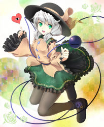 Rule 34 | 1girl, alternate hairstyle, bad id, bad pixiv id, boots, female focus, full body, glowing, gradient background, green eyes, green hair, hat, heart, kimitoshiin, komeiji koishi, matching hair/eyes, open mouth, pantyhose, pointing, short twintails, silver hair, skirt, sleeves past wrists, smile, solo, third eye, touhou, twintails, white background, wide sleeves