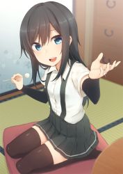 Rule 34 | 10s, 1girl, arm warmers, asashio (kancolle), black hair, black thighhighs, blue eyes, blush, commentary request, jewelry, kantai collection, lap pillow invitation, long hair, looking at viewer, mimikaki, nagami yuu, open mouth, pleated skirt, ring, school uniform, seiza, shirt, sitting, skirt, smile, solo, suspenders, thighhighs, wedding band