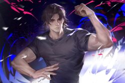 Rule 34 | 1boy, abstract background, backlighting, bags under eyes, biceps, brown hair, fate/stay night, fate (series), fighting stance, hands up, highres, kotomine kirei, large pectorals, light led001, looking at viewer, male focus, medium hair, muscular, muscular male, pectorals, shirt, solo, t-shirt, thick eyebrows, upper body, veins, veiny arms