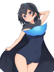 Rule 34 | 1girl, absurdres, adapted costume, bare arms, bare legs, bird girl, bird tail, bird wings, black cape, black hair, blue eyes, blue neckwear, blue one-piece swimsuit, blush, cape, commentary, cowboy shot, head wings, highres, kemono friends, one-piece swimsuit, school swimsuit, shiraha maru, short hair, simple background, smile, solo, superb bird-of-paradise (kemono friends), swimsuit, tail, white background, wings