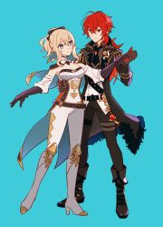 Rule 34 | 1boy, 1girl, belt, black gloves, blonde hair, blue background, blue eyes, boots, bow, breasts, capelet, cleavage, closed mouth, detached sleeves, diluc (genshin impact), genshin impact, gloves, hair between eyes, hair bow, hand on another&#039;s waist, high heels, highres, holding hands, jacket, jean (genshin impact), jewelry, large breasts, long hair, long sleeves, necktie, pants, ponytail, red eyes, red hair, rome romedo, sidelocks, simple background, smile, vision (genshin impact), white pants