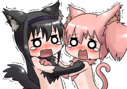 Rule 34 | 10s, 2girls, akemi homura, animal ears, animalization, bad id, bad pixiv id, black hair, blush, cat ears, cat tail, dog ears, dog tail, furry, hairband, kaname madoka, long hair, looking at viewer, mahou shoujo madoka magica, mahou shoujo madoka magica (anime), multiple girls, o o, open mouth, pink hair, scared, short hair, short twintails, simple background, tail, trembling, twintails, white background, yukasuke, yuri