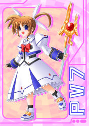 Rule 34 | 00s, 1girl, bow, brown hair, fingerless gloves, full body, gloves, looking at viewer, lyrical nanoha, magazine (weapon), magical girl, mahou shoujo lyrical nanoha, purple eyes, raising heart, raising heart (buster mode), red bow, red hair, short hair, skirt, smile, solo, staff, standing, standing on one leg, takamachi nanoha, takamachi nanoha (sacred mode), twintails