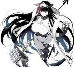 Rule 34 | 1girl, breasts, cleavage, curvy, demon girl, glaring, highres, jitome, large breasts, long hair, mole, mole under eye, monochrome, navel, nito (siccarol), nun, original, simple background, solo, demon girl, thick thighs, thighs, unorns, very long hair, white background, wide hips
