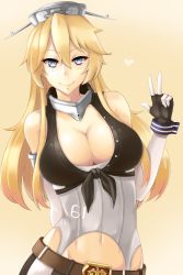Rule 34 | 10s, 1girl, antennae, arms behind back, bad id, bad pixiv id, bare shoulders, belt, black gloves, black shirt, blonde hair, blue eyes, blush, breasts, buckle, buttons, cleavage, closed mouth, clothes writing, cowboy shot, crop top, elbow gloves, front-tie top, gloves, grey hat, hair between eyes, hat, headgear, iowa (kancolle), jewelry, kantai collection, large breasts, long hair, looking at viewer, navel, neck ring, open clothes, open shirt, purple mii, shirt, smile, solo, star-shaped pupils, star (symbol), stomach, symbol-shaped pupils, tsurime, unbuttoned, very long hair, w