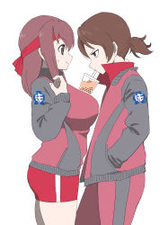 Rule 34 | 2girls, absurdres, annoyed, ass, breast envy, breasts, brown eyes, brown hair, bubble tea challenge, character request, girls und panzer, hands in pocket, headband, highres, jacket, kondou taeko, large breasts, long hair, multiple girls, red headband, short shorts, shorts, simple background, smile, thighs, white background, yabai gorilla