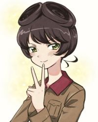 Rule 34 | 10s, 1girl, brown hair, brown jacket, chi-hatan military uniform, closed mouth, commentary, girls und panzer, green eyes, hair rings, hosomi shizuko, jacket, long sleeves, looking at viewer, meis (terameisu), military, military uniform, short hair, smile, solo, uniform, v-shaped eyebrows, yellow background