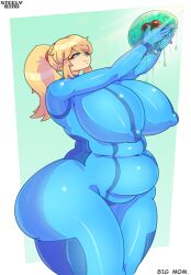 Rule 34 | 1girl, absurdres, ass, blonde hair, blue eyes, breasts, covered erect nipples, covered navel, fat, female focus, highres, huge ass, huge breasts, long hair, metroid, metroid (creature), nintendo, plump, ponytail, samus aran, simple background, skin tight, solo, steelybird, thick thighs, thighs, wide hips, zero suit