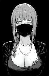 Rule 34 | 1girl, absurdres, black background, blush, braid, braided ponytail, breasts, chainsaw man, chest tattoo, cleavage, dongtan dress, earrings, flower tattoo, greyscale, highres, jewelry, large breasts, looking at viewer, makima (chainsaw man), mask, masoq, meme attire, monochrome, mouth mask, necklace, ninja mask, ringed eyes, solo, sweat, swept bangs, tattoo, upper body