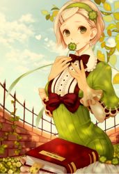 Rule 34 | 1girl, blonde hair, blue sky, book, bow, brick wall, clover, day, dress, fence, four-leaf clover, gloves, green dress, green eyes, grimoire, hair ornament, hairband, hairclip, long sleeves, looking at viewer, nature, original, short hair, sitting, sky, solo, spikes, table, vanille