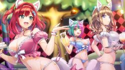 Rule 34 | 3girls, animal ears, ass, bikini, breasts, brown hair, butt crack, choker, cleavage, dolphin wave, fake animal ears, fake tail, green eyes, green hair, hair ornament, hairclip, hand on own hip, helly lewis, highres, holding, holding tray, large breasts, multiple girls, navel, official art, one eye closed, ootomo takuji, open mouth, puffy short sleeves, puffy sleeves, purple eyes, purple hair, red hair, sakimiya iruka, short hair, short sleeves, side ponytail, suminoe shion, swimsuit, tail, tray, wrist cuffs, yellow eyes