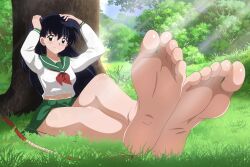 Rule 34 | 1girl, absurdres, barefoot, black hair, bow, bow (weapon), brown eyes, crossed ankles, feet, foot focus, forest, grass, highres, higurashi kagome, inuyasha, nature, school uniform, sitting, soles, toes, tree, weapon, zorzero