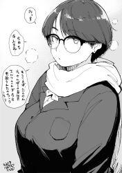 Rule 34 | 1girl, absurdres, breath, glasses, greyscale, hadashi no kenji, highres, jacket, looking at viewer, monochrome, original, parted bangs, scarf, short hair, solo, speech bubble, upper body