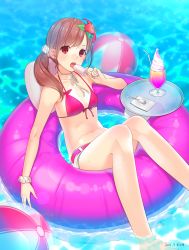 Rule 34 | 1girl, 2015, afloat, ama mitsuki, artist name, ball, bare shoulders, beachball, belt, bikini, brown hair, caustics, collarbone, dated, drink, drinking straw, eating, flat chest, flower, food, front-tie top, hair flower, hair ornament, hair scrunchie, innertube, lens flare, licking, long hair, navel, open mouth, original, popsicle, red bikini, red eyes, scrunchie, shorts, side ponytail, signature, solo, spoon, swim ring, swimsuit, tongue, tongue out, tray, water, wet, whipped cream, wrist scrunchie