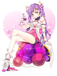 Rule 34 | 1girl, aisha landar, alternate hair length, alternate hairstyle, armband, bad id, bad pixiv id, detached collar, dimension witch (elsword), elsword, flask, full body, gloves, hair ornament, hairclip, crossed legs, long hair, nairofu, oao, purple eyes, purple hair, purple theme, shoes, shorts, shorts under skirt, sitting, skirt, smile, solo, twintails