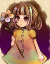 Rule 34 | 1girl, :o, ahoge, bad id, bad pixiv id, brown hair, buttons, child, cowboy shot, dress, flower, original, parted lips, puffy short sleeves, puffy sleeves, red eyes, short sleeves, sidelocks, solo, tomoya (artist), twintails, yellow dress