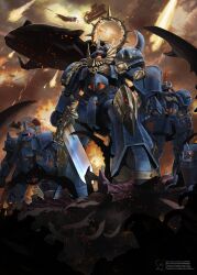 Rule 34 | absurdres, adeptus astartes, aircraft, aquila (symbol), armor, artist name, artstation username, asymmetrical armor, battle, battle damage, blue armor, bullet hole, cloud, cloudy sky, corpse, crossover, destruction, deviantart username, embers, facebook username, fire, fireball, from below, fusion, glowing, glowing eyes, gouf, gundam, highres, holding, holding sword, holding weapon, joints, mecha, mechanical parts, mobile suit, mobile suit gundam, one-eyed, ornate armor, outdoors, pauldrons, pile of corpses, pixiv username, plume, power sword, red eyes, reflective surface, robot, robot joints, science fiction, scratched paint, shoulder armor, sky, spacecraft, spiked pauldrons, sword, twitter username, tyranid, ultramarines, war, warhammer 40k, watermelonsfw, weapon, zeon