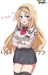Rule 34 | 1girl, ascot, bad id, bad twitter id, black thighhighs, blonde hair, blue eyes, blush, breasts, flower, hair between eyes, hairband, headband, highres, kantai collection, large breasts, long hair, long sleeves, meguru (megurunn), military, military uniform, nelson (kancolle), one-hour drawing challenge, open mouth, pencil skirt, red ascot, red flower, red rose, rose, simple background, skirt, solo, thighhighs, uniform, white background
