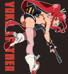 Rule 34 | 00s, 1girl, anti-materiel rifle, ass, back, bare shoulders, bikini, bikini top only, boots, breasts, fingerless gloves, from behind, full body, gloves, gun, long hair, looking at viewer, looking back, micro shorts, open mouth, pink thighhighs, ponytail, red hair, rifle, scarf, shiny skin, short shorts, shorts, smile, sniper rifle, solo, swimsuit, tengen toppa gurren lagann, thighhighs, tongue, underboob, very long hair, walrus-ruin, weapon, wedgie, yellow eyes, yoko littner