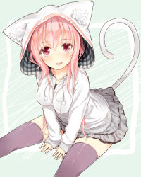 Rule 34 | 1girl, animal ear fluff, animal ears, animal hood, blush, cat ears, cat girl, cat hood, cat tail, colored eyelashes, female focus, grey thighhighs, hood, hoodie, kojiki-life, looking at viewer, microskirt, open m/, open mouth, original, pink eyes, pink hair, pom pom (clothes), sitting, skindentation, skirt, solo, tail, thighhighs, zettai ryouiki