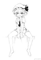 Rule 34 | 1girl, absurdres, brooch, chen bin, fang, greyscale, hat, hat ribbon, highres, jewelry, looking at viewer, mob cap, monochrome, no pants, no wings, open mouth, panties, puffy short sleeves, puffy sleeves, remilia scarlet, ribbon, ribbon-trimmed legwear, ribbon trim, shirt, short sleeves, side-tie panties, simple background, sitting, sketch, smile, solo, thighhighs, touhou, underwear, watermark, weibo logo, weibo watermark, white background