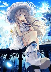 Rule 34 | 1girl, bare arms, bare shoulders, blue bow, blue eyes, blue flower, blue sky, blush, boots, bow, breasts, building, cloud, cloudy sky, commentary request, day, dress, flower, hair between eyes, hair flower, hair ornament, hand to own mouth, hand up, hat, highres, long hair, looking at viewer, medium breasts, on railing, original, outdoors, parted lips, railing, sakura oriko, silver hair, simple background, sitting, sky, sleeveless, sleeveless dress, smile, solo, straw hat, tree, very long hair, white dress, white flower, white footwear, white hat