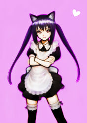 Rule 34 | 1girl, animal ears, bad id, bad pixiv id, black hair, brown eyes, cat ears, crossed arms, frown, heart, k-on!, maid, nakano azusa, siv (kuroino), solo, thighhighs, twintails, zettai ryouiki