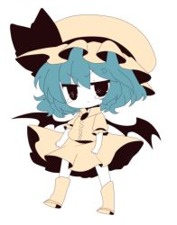 Rule 34 | 1girl, :t, anger vein, bat wings, black eyes, black wings, blouse, blue hair, boots, bow, brooch, clenched hand, colored skin, female focus, full body, haru (kyou), hat, hat bow, jewelry, looking at viewer, pout, puffy sleeves, remilia scarlet, shirt, short hair, simple background, skirt, solo, spot color, tears, touhou, white background, white skin, wings