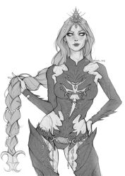 Rule 34 | 1girl, artist name, baldur&#039;s gate, baldur&#039;s gate 3, blank eyes, bodysuit, braid, circlet, cleavage cutout, clothing cutout, collarbone, commentary, contrapposto, cowboy shot, detached sleeves, dungeons &amp; dragons, english commentary, eyeshadow, greyscale, hair ornament, hand on own hip, highres, holding, holding hair, holding own hair, long hair, looking at viewer, low-braided long hair, low-tied long hair, makeup, monochrome, orin the red, paulina klime, simple background, single braid, smile, solo, standing, thigh gap, very long hair