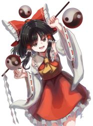 Rule 34 | 1girl, armpits, ascot, black hair, bow, breasts, brown eyes, collar, cowboy shot, detached sleeves, frilled bow, frills, gohei, hair bow, hair tubes, hakurei reimu, highres, holding, japanese clothes, matsukuzu, medium hair, miko, nontraditional miko, open mouth, orb, red bow, red shirt, red skirt, ribbon-trimmed sleeves, ribbon trim, shirt, sidelocks, skirt, skirt set, sleeveless, solo, touhou, white background, white collar, wide sleeves, yellow ascot, yin yang, yin yang orb
