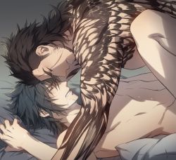 Rule 34 | 2boys, anal, black hair, clenched teeth, closed eyes, drooling, final fantasy, final fantasy xv, gladiolus amicitia, highres, lying, male penetrated, multiple boys, muscular, noctis lucis caelum, saliva, sex, teeth, wince, yaoi, zehel az
