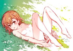 Rule 34 | 1girl, :p, bad id, bad twitter id, bare pectorals, blush, breasts, brown eyes, brown hair, completely nude, eyebrows, grass, isshi pyuma, looking at viewer, lying, messy hair, misaka mikoto, nipples, nude, on back, on grass, panties, panty pull, pectorals, pulling own clothes, removing panties, sketch, small breasts, solo, toaru kagaku no railgun, toaru majutsu no index, tongue, tongue out, underwear, underwear only, undressing, white panties