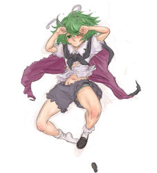 Rule 34 | 1girl, antennae, blush, cape, clothes lift, green hair, highres, kuro suto sukii, looking at viewer, lying, navel, on back, shirt lift, shoes, unworn shoes, short hair, simple background, single shoe, solo, torn clothes, touhou, white background, wince, wriggle nightbug