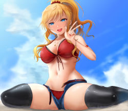 Rule 34 | 1girl, bare arms, bare shoulders, belt, bikini, black bikini, black thighhighs, blonde hair, blue eyes, blue sky, blush, breasts, cleavage, cloud, cloudy sky, collarbone, commentary request, denim, denim shorts, front-tie bikini top, front-tie top, gluteal fold, hair ornament, hair scrunchie, half-closed eyes, highres, idolmaster, idolmaster cinderella girls, jewelry, large breasts, long hair, looking at viewer, nail polish, navel, necklace, ohtsuki yui, open belt, open mouth, outdoors, ponytail, red bikini, red nails, red scrunchie, scrunchie, shogun (a96040021), short shorts, shorts, sitting, sky, smile, solo, spread legs, swimsuit, teeth, thighhighs, tongue, tongue out, unbuckled, unbuttoned, unzipped, upper teeth only, w, wavy hair, wide spread legs, wristlet