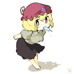 Rule 34 | 1girl, aki minoriko, arms behind back, bare legs, black skirt, blonde hair, breasts, chibi, commentary request, food, fruit, full body, grapes, hat, leaning forward, looking at viewer, medium breasts, mob cap, mouth hold, orange eyes, popsicle, shadow, short hair, simple background, skirt, solo, standing, touhou, white background, yanotsuki18
