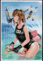 Rule 34 | 2girls, :o, ?, arrow (symbol), belt, black gloves, black one-piece swimsuit, blush, border, breasts, brown eyes, brown hair, buttons, character name, cloud, collarbone, crash, dated, day, flippers, flying, from side, gloves, goggles, goggles on head, highres, jet ski, jpeg artifacts, charm (object), kouchuu musume, lens flare, lips, looking at viewer, multiple girls, name tag, ocean, one-piece swimsuit, open mouth, outdoors, parted lips, riding, scan, school swimsuit, sharp teeth, short hair, signature, sky, small breasts, snorkel, sparkle, speech bubble, splashing, spoken question mark, spread legs, sun, swimsuit, teeth, tsukasa jun, upside-down, wading, watch, water, waves, waving, wet, wet clothes, wristwatch
