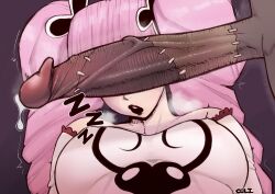 Rule 34 | 1boy, 1girl, artist request, black lips, dark-skinned male, dark skin, erection, highres, huge penis, interracial, one piece, penis, penis on face, penis over eyes, perona, pink hair, precum, stitches, twintails
