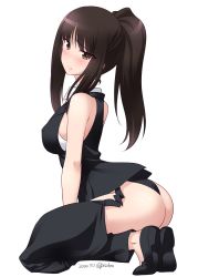 Rule 34 | 1girl, artist name, ass, black hair, black panties, blush, breasts, brown eyes, covered erect nipples, dated, full body, girls und panzer, highres, kneeling, kuzuryuu kennosuke, large breasts, long hair, looking at viewer, looking to the side, nishizumi shiho, panties, parted lips, ponytail, simple background, solo, sweat, teeth, underwear, white background