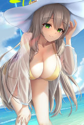 Rule 34 | 1girl, azure-maya, beach, bent over, bikini, blonde hair, blue archive, blue sky, breasts, closed mouth, cloud, green eyes, halo, halterneck, hand on own knee, hand up, hat, highres, large breasts, long hair, looking down, nonomi (blue archive), nonomi (swimsuit) (blue archive), ocean, see-through, see-through shirt, shirt, sky, smile, solo, string bikini, sun hat, swimsuit, thighhighs, very long hair, white shirt, yellow bikini